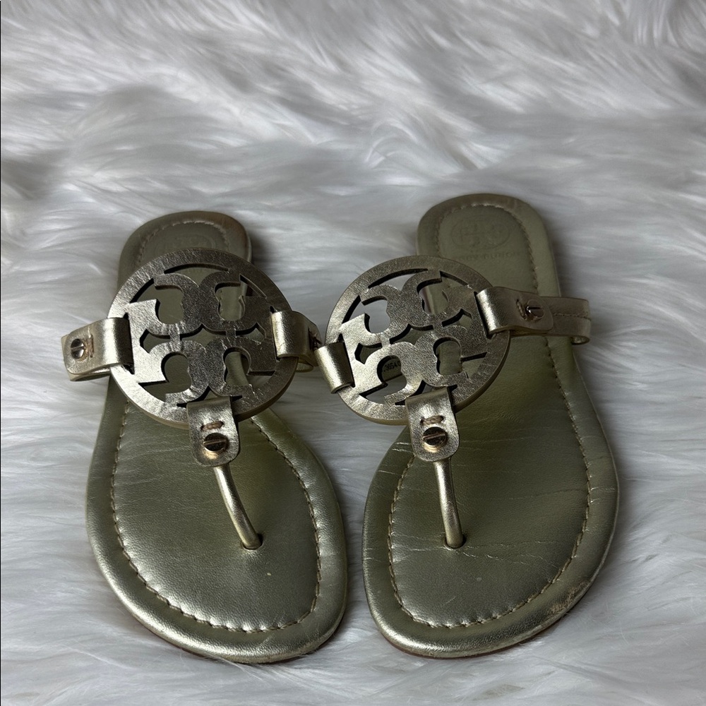 Tory Burch Metallic Gold Logo Thong Sandals